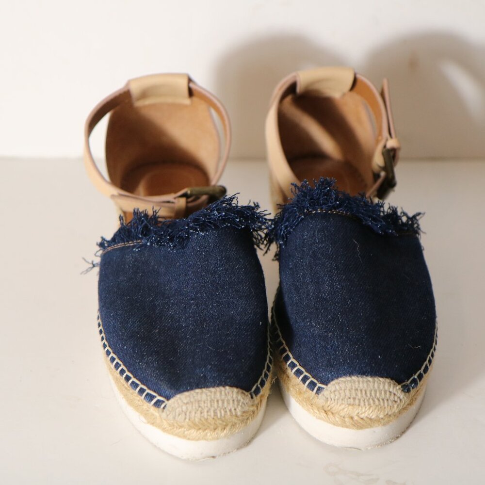 See By Chloe Glyn Denim Platform Espadrille Sandal Ankle Strap Womens 38 8 Boho - Picture 2 of 7